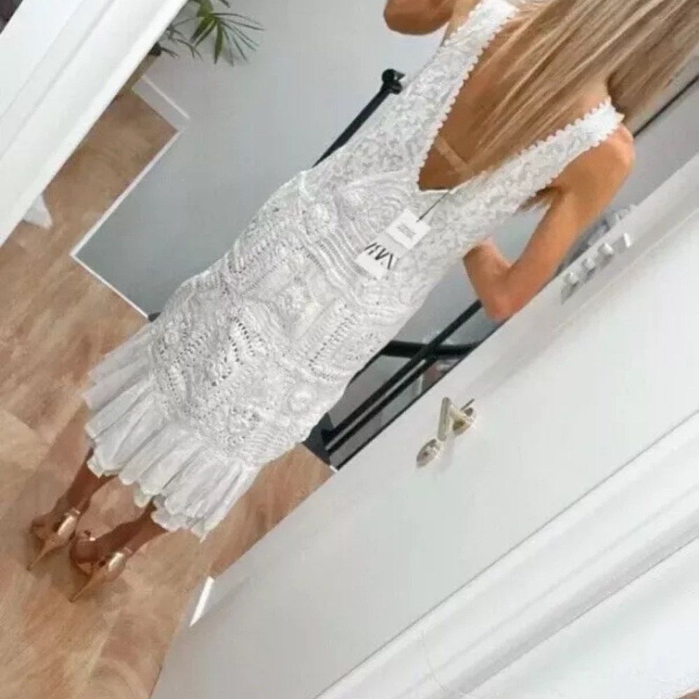 ZARA WHITE CONTRAST CROCHET KNIT MIDI DRESS Ruffled Hem $169 - Picture 6 of 8